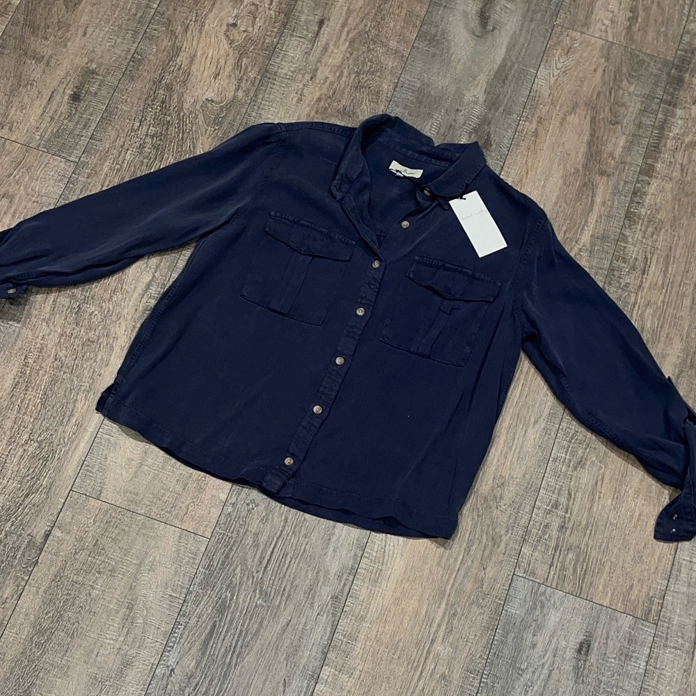 Thread & Supply Crop Boxy Dark Blue Button Down Shirt Long Sleeve Small - Picture 4 of 6